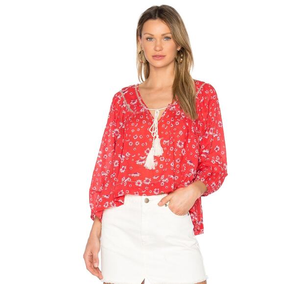 Free People Tops - Free People Never A Dull Moment Red Floral Long Sleeve Boho Blouse Top Size L